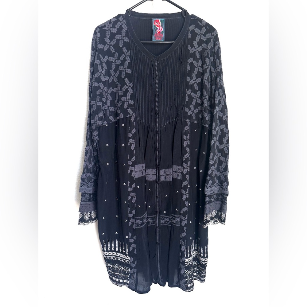 Johnny Was Embroidered Button Front Tunic Dress Dusty Black XL Boho Cottagecore